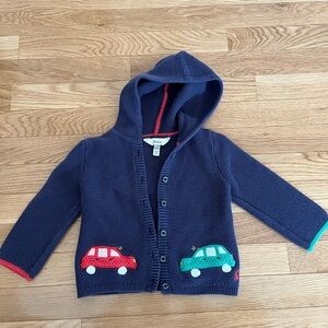 Joules Navy Hooded Cardigan with Red and Teal Car Appliques